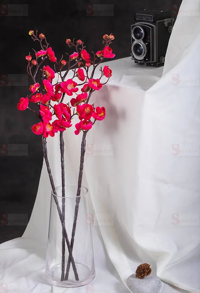 SATYAM KRAFT 3 Sticks Artificial Blossom Flower Bouquet Sticks for Home Decor, Bedroom, Living Room, Table, Balcony, Office, Wedding, Pooja, Anniversary Decorations – Dark Pink
